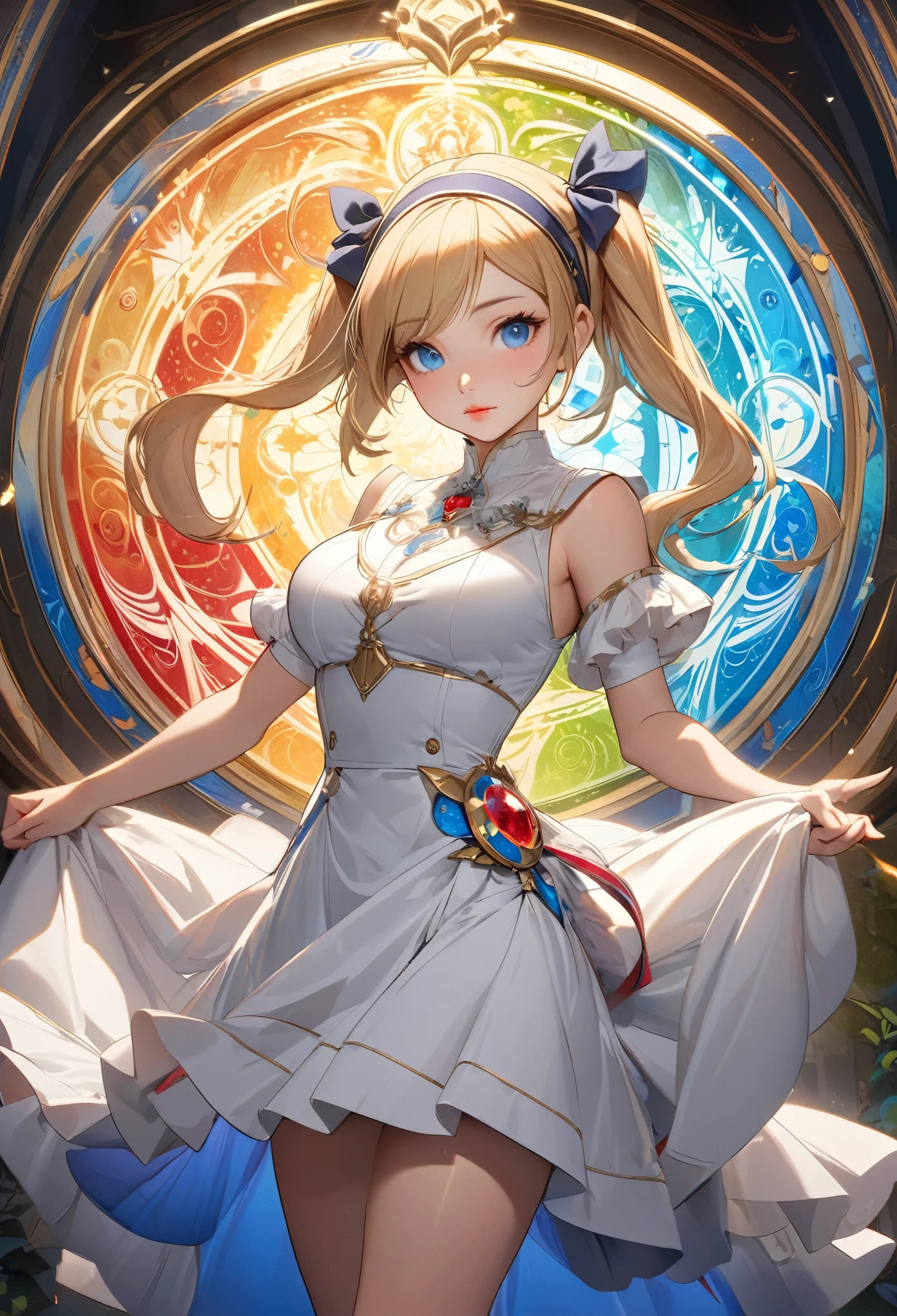 8K resolution, masterpiece, Highest quality, Award-winning works, unrealistic, sole sexly lady, doaxvv_marie rose, healthy shaped body, 25 years old, blonde long hair, twin pony tails, Break, Big Blue Eyes, Standard nose, Eyeliner, pink lips,  hair band, big firm bouncing bust, sexly , A pure white school dress with a complex structure, royal coat of arms, elegant, Very detailed, Digital Painting, artステーション, コンセプトart, Smooth, Sharp focus, shape, artジャム、Greg Rutkowski、Alphonse Mucha、William Adolphe Bouguereau、art：Stephanie Law , Royal Jewel, nature, Full Shot, Symmetric, Greg Rutkowski, Charlie Bowwater, beep, Unreal 5, Surreal, Dynamic Lighting, ファンタジーart, Complex colors, Colorful magic circle, flash, dynamic sexly poses