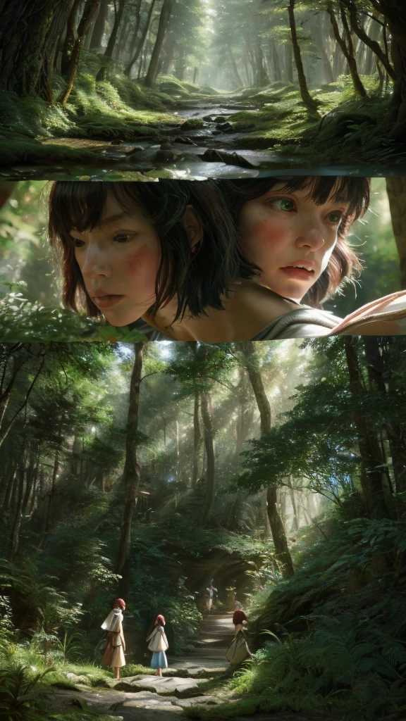 A realistic, precise, and highest quality image of a mysterious forest in the real world, showing multiple small Kodama from Ghibli's Princess Mononoke shaking their heads from side to side.