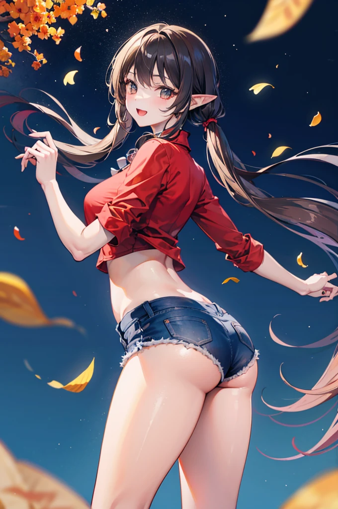 realistic image, coherent image, detailed image, 1 beautiful elf. She has brown hair, long hair with two pigtails. Scarlet eyes, long eyelashes. Her face is oval and delicate. smiling with open mouth. She is wearing a traditional red shirt, with a tangerine collar, showing her navel, jean shorts, sneakers, she has a curvy body, medium breasts and thick thighs. Urban background. starry night, flower petals falling. natural lighting in front, volumetric lighting, looking back, full butt view
