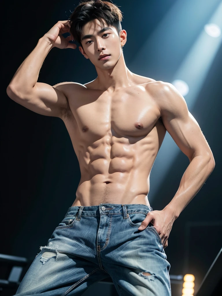 25 year old handsome korean, solo, (no shirt),no top wear ((show abs 6 pack)), black sagged jean,