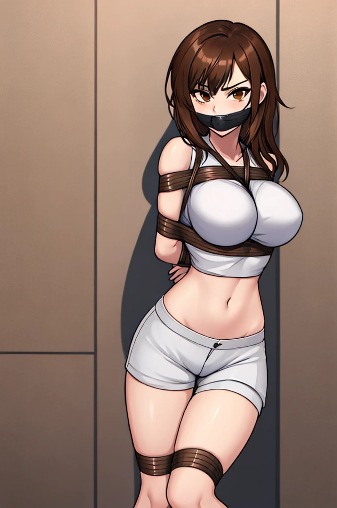 (absurdres, 8k, 4k, masterpiece, hyper extreme detailed:1.2), solo, 1girl, front view, perfect anatomy, cowboy shot, perfect face, 1girl, portrait, solo, Female, Mature Female, long hair, brown hair, white skirt, eyepatch, black eyepatch, annoyed, graphic t-shirt, swept bangs, brown eyes, brown eyes, White Shorts bound, bondage, (arms behind back:1.4), bdsm, tape gag, tape, tape bondage, restrained, taped thighs, taped legs, legs together, tape wrapped, wrap gag, t-shirt, messy hair, short, large bust, angry, large breasts, big breasts, forward view, shibari, bondage, bdsm, rope, half body, messy hair, exposed shoulders, exposed midriff, annoyed, delinquent, messy.