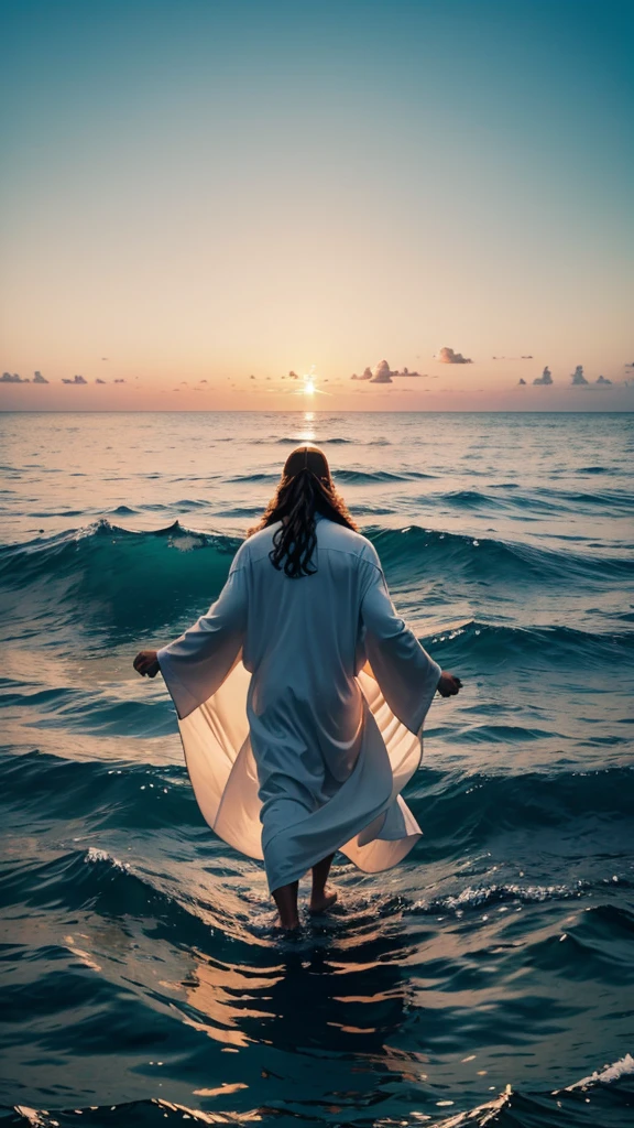 This image alejada depicts a painting of Jesus Christ standing in the water in Panoramic shot Take from behind With aerial socket . It is Jesus Christ walking on water with his arms outstretched upwards worshiping heaven. The scene is peaceful, with clouds in the sky combining the colors sky blue and sunset orange and a sense of tranquility. The colors of the painting are mainly earth tones, with warm orange accents.