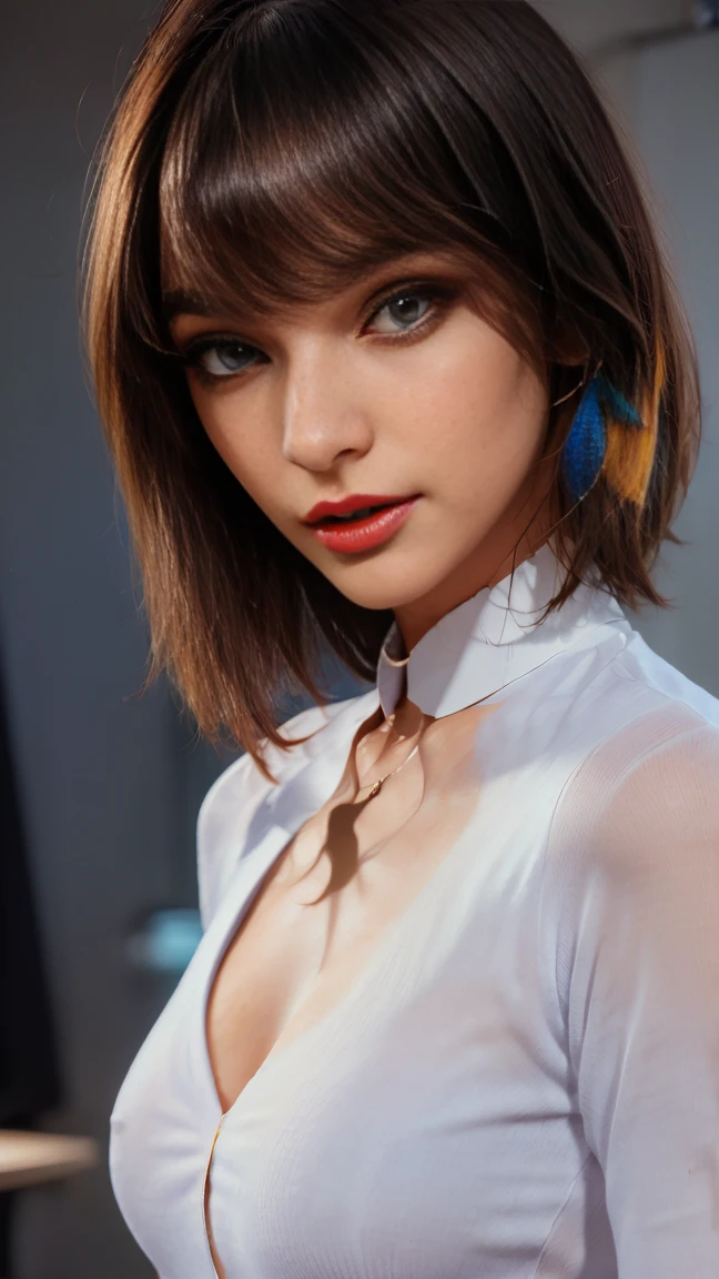 8K, Best Quality, 1girl, (Skindentation), night time, (Dark), Clear background in the room, (people), beautiful bangs, Gorgeous,, (Clothing and uniforms:1.3),soft-lighting, Attractive, Dark room, (mouth closed:1.2, Beautiful eyes, A detailed eye, detailed iris, Beautiful lips, beautiful nose, beatiful face),(Primary colors:1.5)