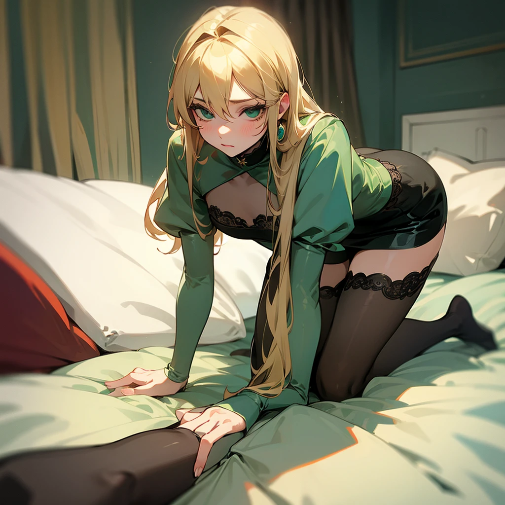 Femboy in thigh highs, green eyes with blonde hair curtains laying on bed on all fours