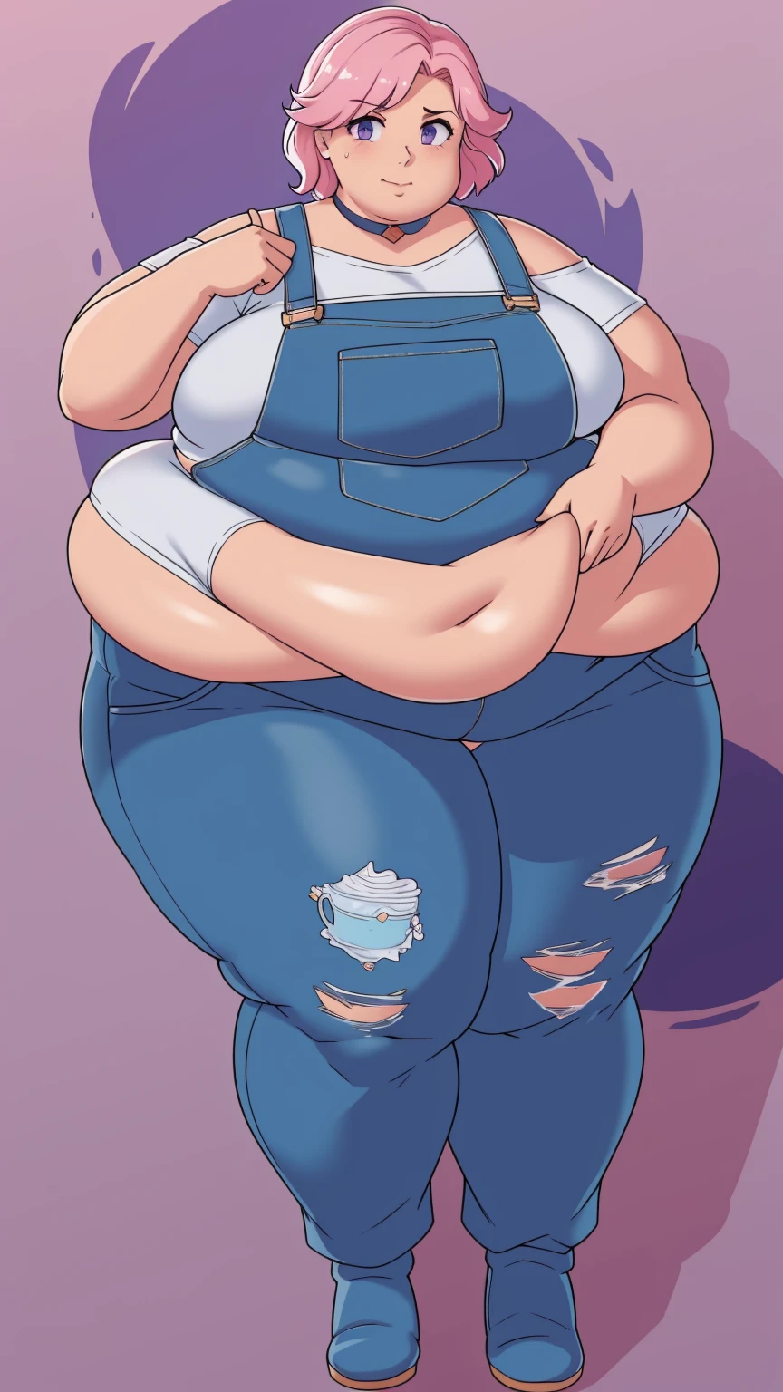(Morbidly obese body:1.2)(Fat neck and chin:1.3)(Obese:1.1),fat, Slightly chubby, sad, farm backround, Full body, looking at viewer, 1girl, solo, short pink hair, (dark blue choker), (dark blue denim overalls), (purple eyes), (pink boots), (white shoulder lantern sleeve blouse, tucked in pants