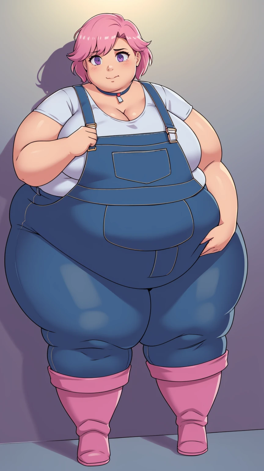 (Morbidly obese body:1.2)(Fat neck and chin:1.3)(Obese:1.1),fat, Slightly chubby, sad, farm backround, Full body, looking at viewer, 1girl, solo, short pink hair, (dark blue choker), (dark blue denim overalls), (purple eyes), (pink boots), (white shoulder lantern sleeve blouse, tucked in pants