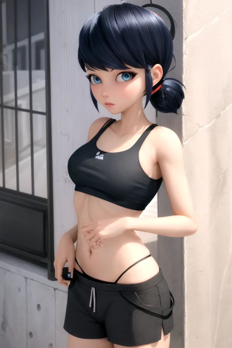Blue eyes, Black pupil, marinett, Black sports bra, black panties, black sports shorts