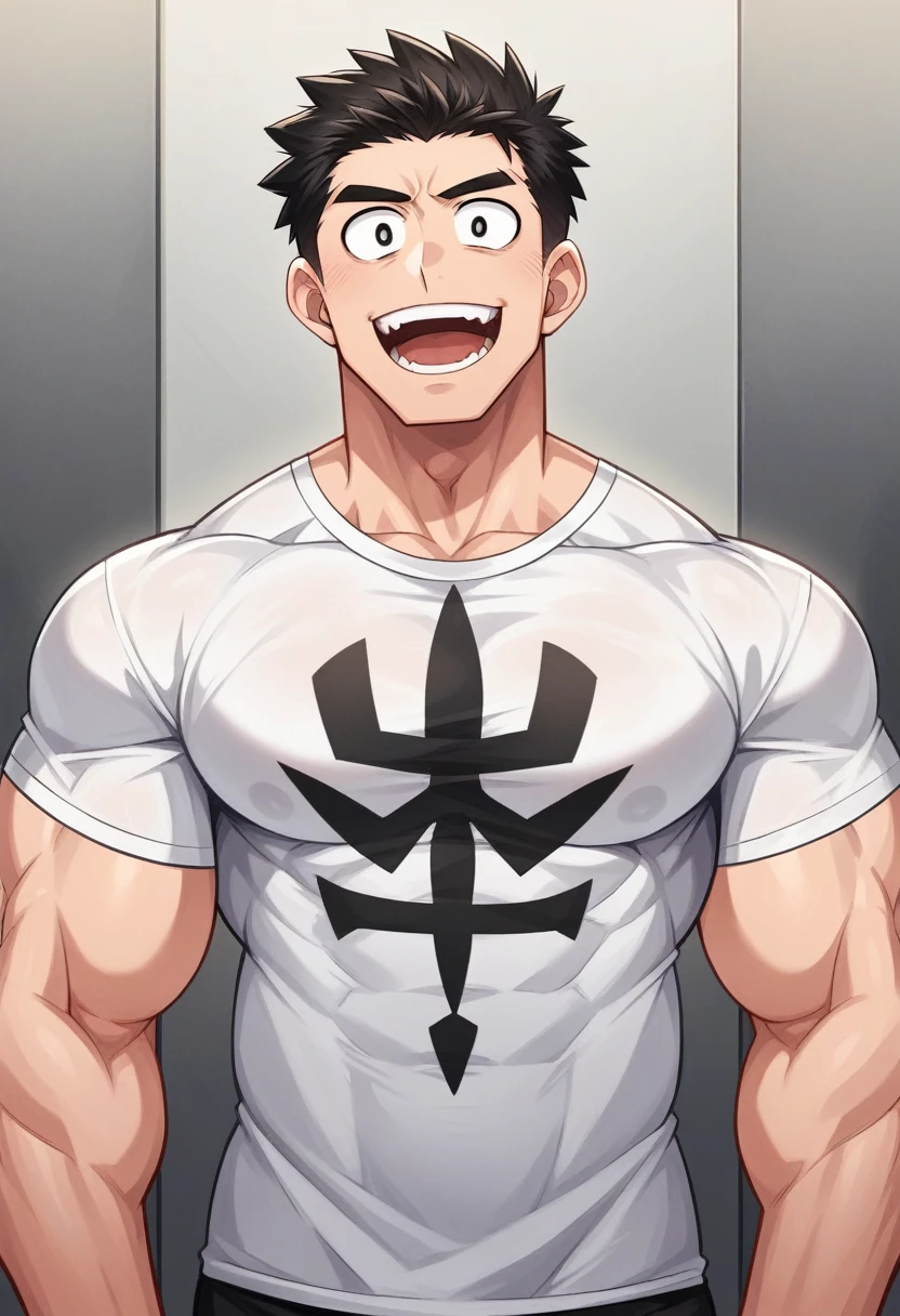 (anime 2d cel:1.5),half body shot,looking at the viewer, (Best Quality:1.3), (Masterpiece:1.3), (ultra detailed:1.5),(detailed eyes),sharp focus,Japanese anime,Manga,(droopy eyes),(male den:1.3),(lobo:1.2),SMILE,Open mouth,huge muscular,(well-built:1.2),(great companion),high,(shoulder width wide),((cool t-shirt)),big thigh,(by null ghost:0.9),by lindang