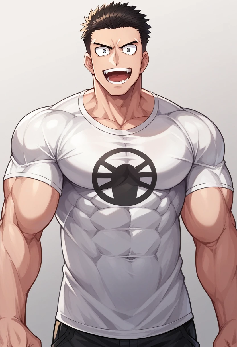 (anime 2d cel:1.5),half body shot,looking at the viewer, (Best Quality:1.3), (Masterpiece:1.3), (ultra detailed:1.5),(detailed eyes),sharp focus,Japanese anime,Manga,(droopy eyes),(male den:1.3),(lobo:1.2),SMILE,Open mouth,huge muscular,(well-built:1.2),(great companion),high,(shoulder width wide),((cool t-shirt)),big thigh,(by null ghost:0.9),by lindang