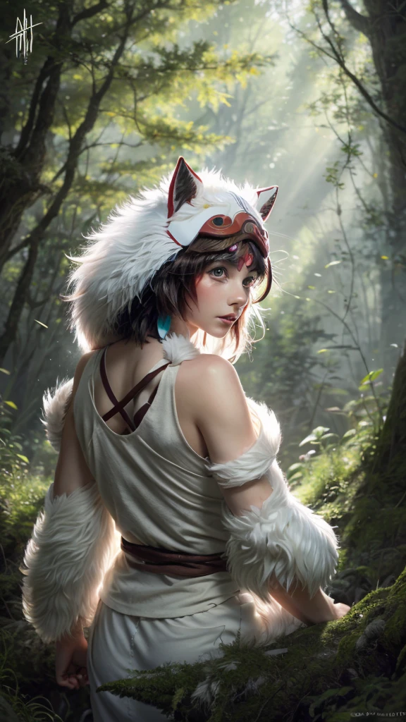 Only people are seen from behind,The dog is looking back,Precision,detailed,dynamic,official art, unity 8k wallpaper, Super detailed, beautiful, beautiful, masterpiece, highest quality, Painting of a woman riding a white wolf in the forest, studio ghibly style mononoke, riding a giant silver wolf, artwork in the style of Gweiz, princess mononoke inspired, Gweiz, Gweiz on artstation pixiv, Gweiz on pixiv artstation, mononoke, furry fantasy art
