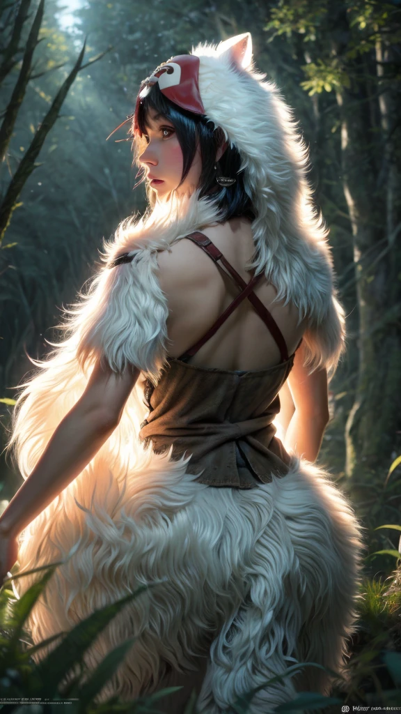 Only people are seen from behind,The dog is looking back,Precision,detailed,dynamic,official art, unity 8k wallpaper, Super detailed, beautiful, beautiful, masterpiece, highest quality, Painting of a woman riding a white wolf in the forest, studio ghibly style mononoke, riding a giant silver wolf, artwork in the style of Gweiz, princess mononoke inspired, Gweiz, Gweiz on artstation pixiv, Gweiz on pixiv artstation, mononoke, furry fantasy art