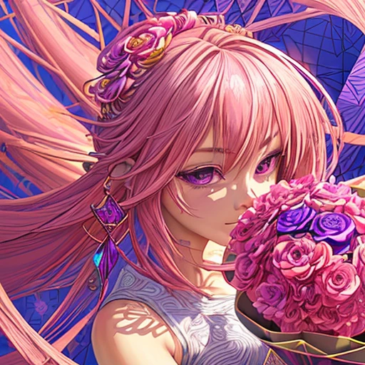 (ultra-Detailed Background, Detailed Background), Absurd, High resolution, Super detailed, Very detailed, One girl, yae miko, Pink Hair, Purple eyes, (bouquet:1.3), (Tangled:1.2), (Geometric:1.2),(colorful),