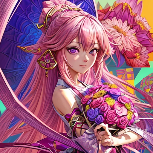 (ultra-Detailed Background, Detailed Background), Absurd, High resolution, Super detailed, Very detailed, One girl, yae miko, Pink Hair, Purple eyes, (bouquet:1.3), (Tangled:1.2), (Geometric:1.2),(colorful),
