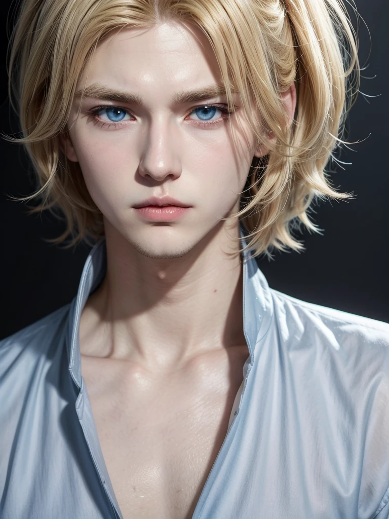 A tall man character, offwhite, vampyre, bonitas, with body postured in shape, blue color eyes, blondie hair, blonde and fluffy eyebrow. Anime2D manhwa style.