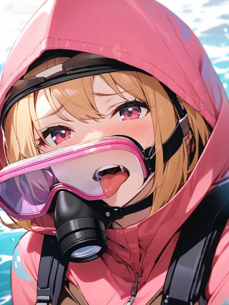 Licking scuba goggles, drool on goggles