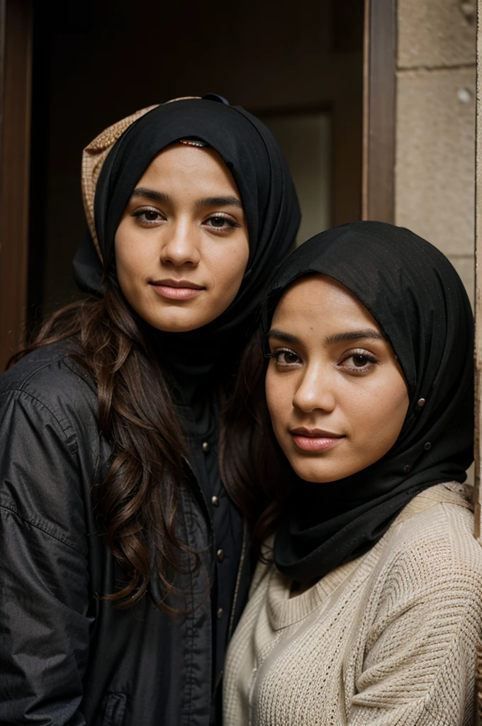 a man with curly hair and a woman wearing a hijab