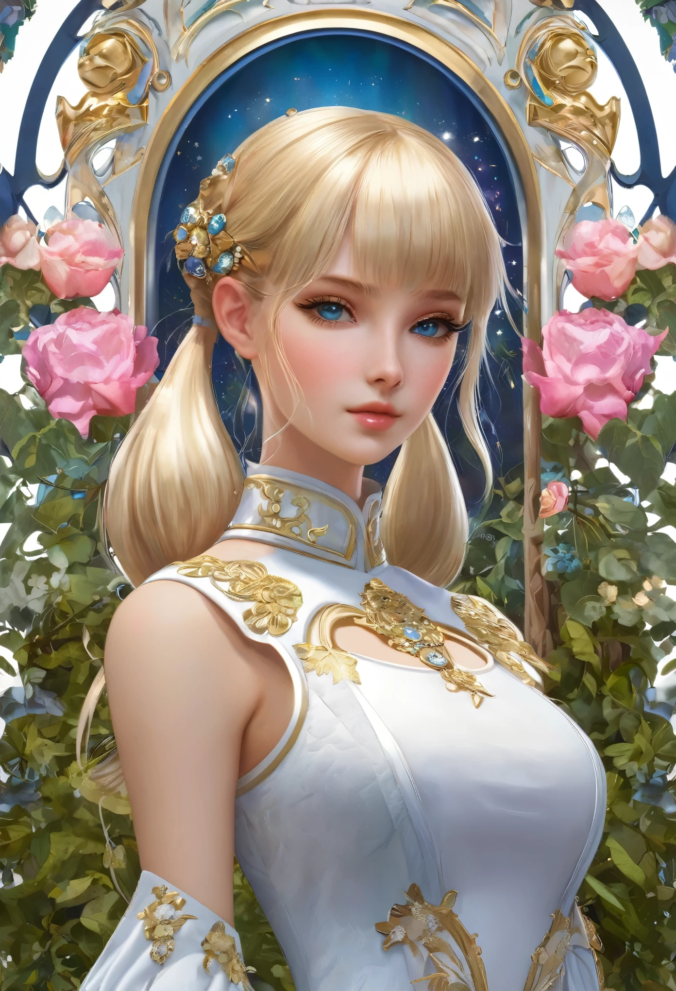 8K resolution, masterpiece, Highest quality, Award-winning works, unrealistic, sole sexly lady, doaxvv_marie rose, healthy shaped body, 25 years old, blonde long hair, twin pony tails, Break, Big Blue Eyes, Standard nose, Eyeliner, pink lips,  hair band, big firm bouncing bust, sexly , A pure white school dress with a complex structure, royal coat of arms, elegant, Very detailed, Digital Painting, artステーション, コンセプトart, Smooth, Sharp focus, shape, artジャム、Greg Rutkowski、Alphonse Mucha、William Adolphe Bouguereau、art：Stephanie Law , Royal Jewel, nature, Full Shot, Symmetric, Greg Rutkowski, Charlie Bowwater, beep, Unreal 5, Surreal, Dynamic Lighting, ファンタジーart, Complex colors, Colorful magic circle, flash, dynamic sexly poses