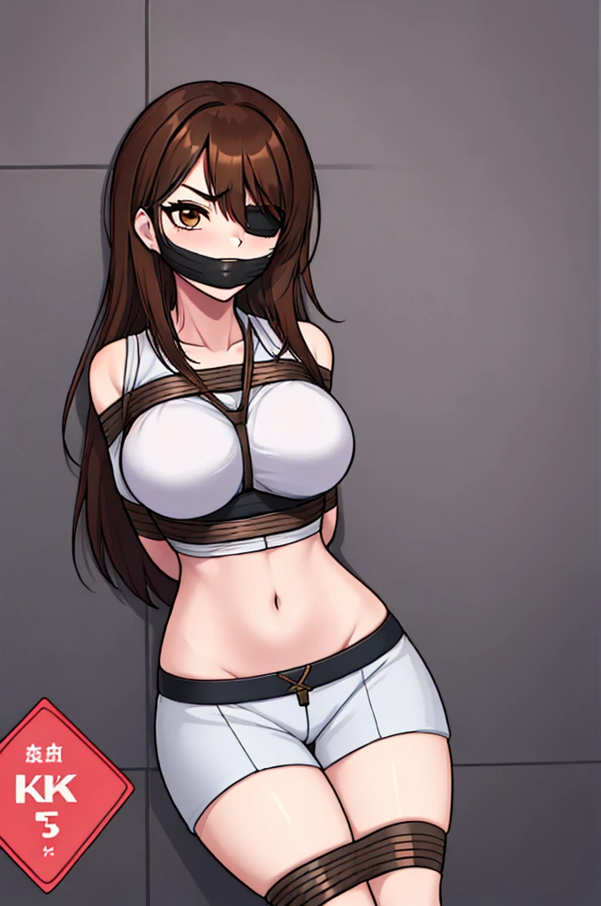 (absurdres, 8k, 4k, masterpiece, hyper extreme detailed:1.2), solo, 1girl, front view, perfect anatomy, cowboy shot, perfect face, 1girl, portrait, solo, Female, Mature Female, long hair, brown hair, white skirt, eyepatch, black eyepatch, annoyed, graphic t-shirt, swept bangs, brown eyes, brown eyes, White Shorts bound, bondage, (arms behind back:1.4), bdsm, tape gag, tape, tape bondage, restrained, taped thighs, taped legs, legs together, tape wrapped, wrap gag, t-shirt, messy hair, short, large bust, angry, large breasts, big breasts, forward view, shibari, bondage, bdsm, rope, half body, messy hair, exposed shoulders, exposed midriff, annoyed, delinquent, messy. skirt,