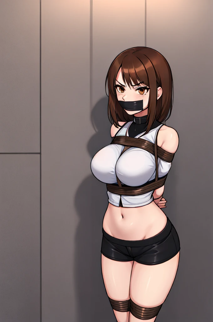 (absurdres, 8k, 4k, masterpiece, hyper extreme detailed:1.2), solo, 1girl, front view, perfect anatomy, cowboy shot, perfect face, 1girl, portrait, solo, Female, Mature Female, long hair, brown hair, white skirt, eyepatch, black eyepatch, annoyed, graphic t-shirt, swept bangs, brown eyes, brown eyes, White Shorts bound, bondage, (arms behind back:1.4), bdsm, tape gag, tape, tape bondage, restrained, taped thighs, taped legs, legs together, tape wrapped, wrap gag, t-shirt, messy hair, short, large bust, angry, large breasts, big breasts, forward view, shibari, bondage, bdsm, rope, half body, messy hair, exposed shoulders, exposed midriff, annoyed, delinquent, messy. skirt, 
