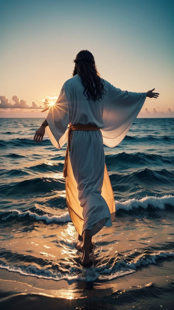 This image alejada en el horizonte depicts a painting of Jesus Christ standing in the water in Panoramic shot Take from behind With aerial socket . It is Jesus Christ walking on water with his arms outstretched upwards worshiping heaven. The scene is peaceful, with clouds in the sky combining the colors sky blue and sunset orange and a sense of tranquility. The colors of the painting are mainly earth tones, with warm orange accents.
