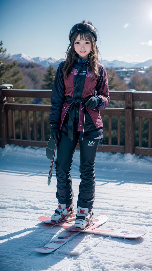 ((A girl playing on the slopes)), (beautiful girl, Cute face), Perfect Style, ((Detailed eyes and face, Professional photography techniques, Cinema Lighting)), Detailed hands, (Highest quality, 8K, masterpiece:1.2, RAW Photos), (Reality:1.4), View the viewer, ((Cute Snowboard Wear:1.2)), (Perfect Anatomy:1.3)