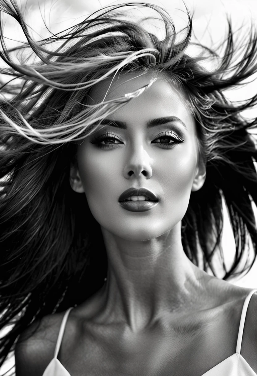 a beautiful woman with hair blowing in the wind, close-up shot of her face, high fashion photo shoot, black and white photography, high contrast, soft lighting, high resolution, hyper-realistic, super detailed in the style of a high fashion,
