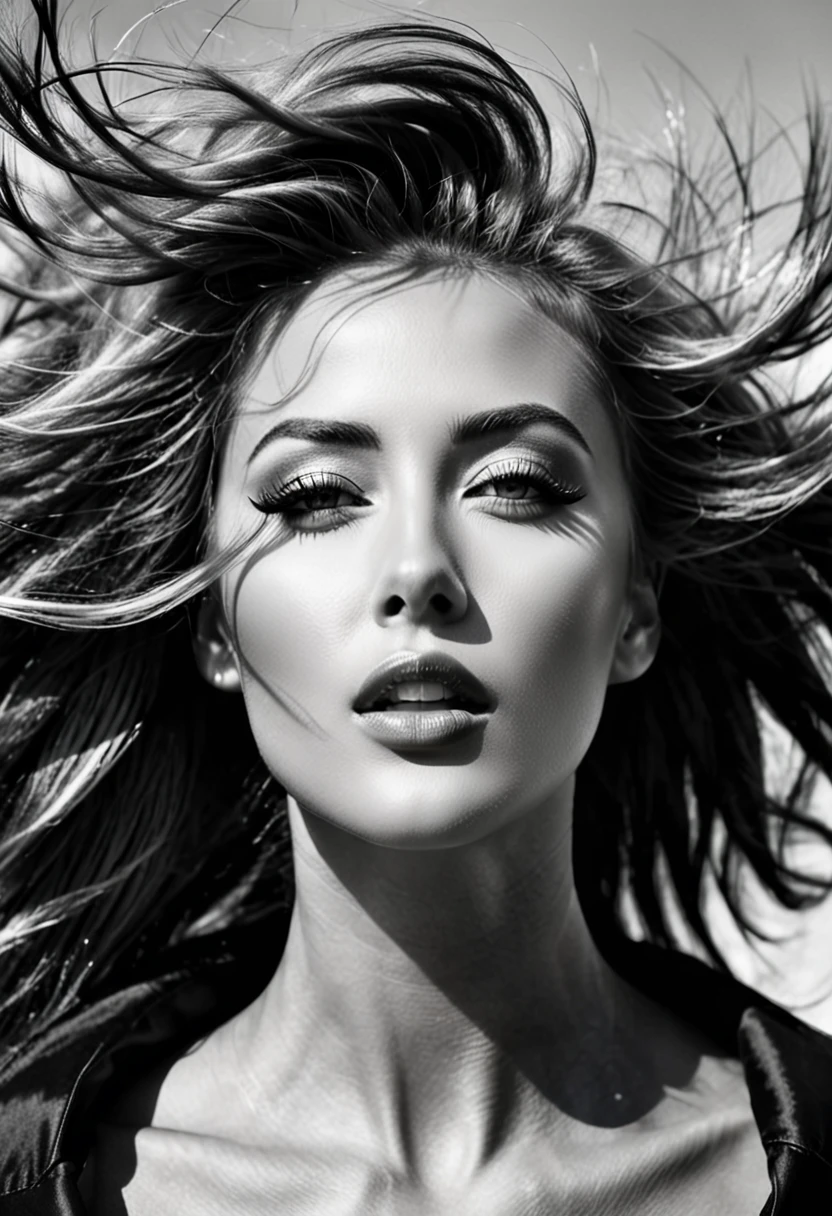 a beautiful woman with hair blowing in the wind, close-up shot of her face, high fashion photo shoot, black and white photography, high contrast, soft lighting, high resolution, hyper-realistic, super detailed in the style of a high fashion,