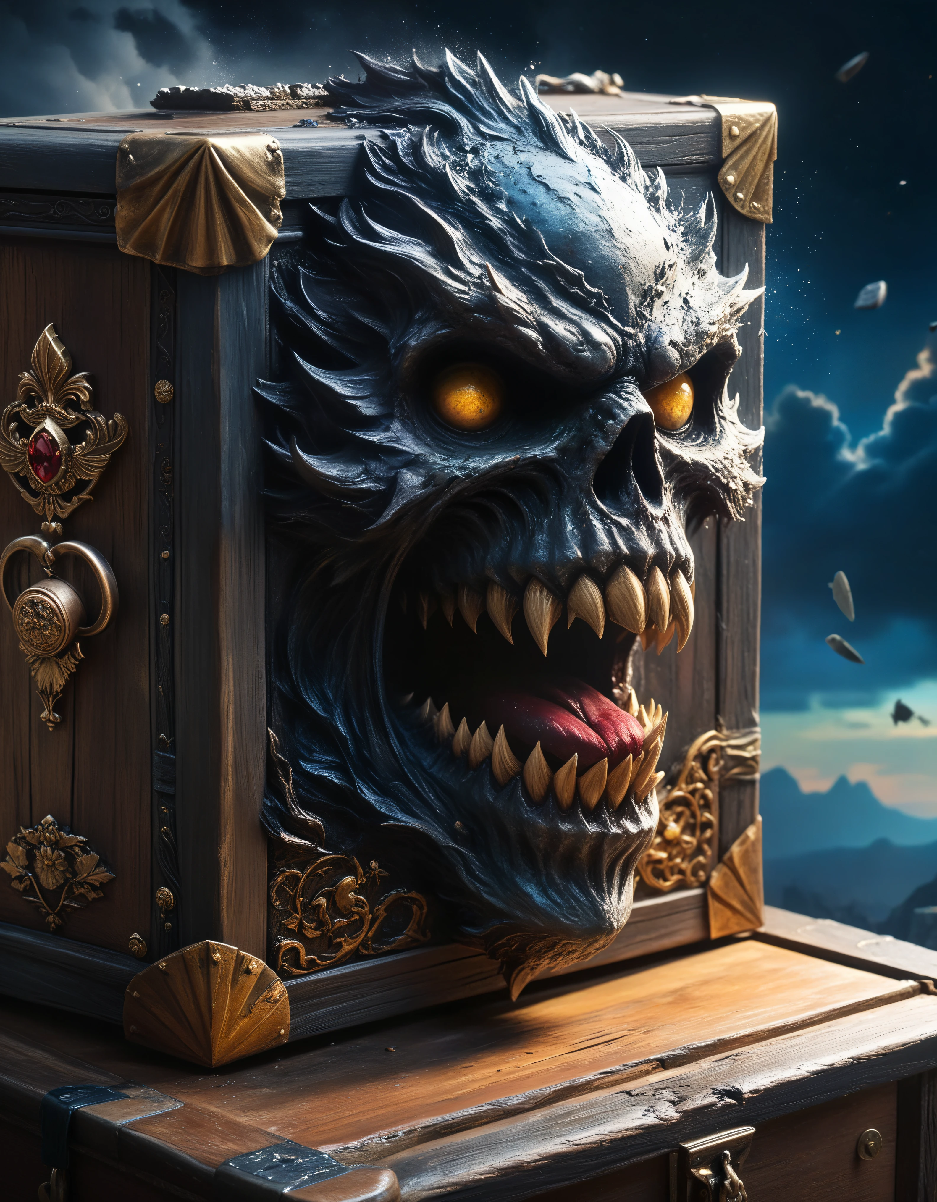 ((Masterpiece in maximum 16K resolution):1.6),((soft_color_photograpy:)1.5), ((Ultra-Detailed):1.4),((Movie-like still images and dynamic angles):1.3) | ((double contact):1.3), ((Fierce Supermodel Adventurer):1.2), ((Superimposed on Mimic treasure chest monster):1.1), ((Dark Village Sky):1.3), Oil and ink on canvas, fine dark art, super dramatic light, photoillustration, amazing depth, the ultra-detailed, iridescent black, superfluous dreams, intricately details, amazing depth, Amazing atmosphere, Mesmerizing whimsical vibrant landscapes, ((Pretty Female Adventurer):1.2),((Mimic Treasure Chest Monster):1.1), Maximalism ((beautiful outside, Ugly inside, pressure and pain, beauty and despair, hard and soft, positive and negative, hot and cold, Sweet and sour, Vibrant but boring, Perfect harmony, light and shadows, old and young, Black and white, Corresponding color, loud and quiet, Chaos and peace, life and death):1.2) The complex masterpiece of a real-time engineering leader. | Rendered in ultra-high definition with UHD and retina quality, this masterpiece ensures anatomical correctness and textured skin with super detail. With a focus on high quality and accuracy, this award-winning portrayal captures every nuance in stunning 16k resolution, immersing viewers in its lifelike depiction. | ((perfect_composition, perfect_design, perfect_layout, perfect_detail, ultra_detailed)), ((enhance_all, fix_everything)), More Detail, Enhance.