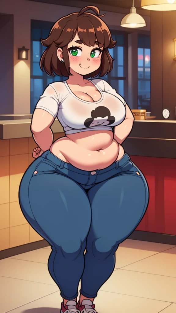 ((highres)), Masterpiece, high quality, best quality, beautiful, perfect lighting, detailed face, ultra cute face, looking at viewer, on a date, ((blush)), affectionate smile, ((1girl)), ((solo)), brown hair, fluffy hair, green eyes, jeans, crop top, tight clothes, fast food restaurant, medium breasts, cleavage, wide hips, ((thick thighs)), ((chubby)), chubby belly, standing, arms behind back, leaned over, cute pose,