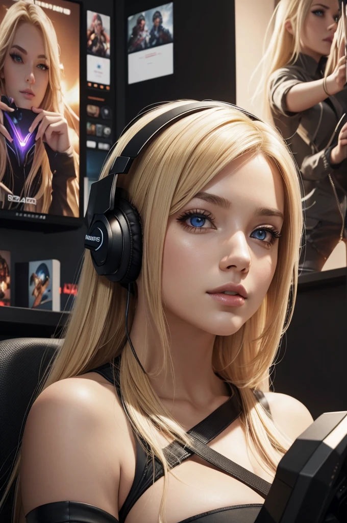 beautiful blonde woman, 24 years old, playing videogames like a streamer, wearing headphones, gamer girl room in background, 1girl, extremely detailed face and eyes, beautiful detailed lips, longeyelashes, video game setup, gaming chair, RGB lighting, posters, gaming peripherals, photorealistic, 8k, (best quality:1.2), ultra-detailed, (realistic:1.37), vivid colors, natural lighting, warm color palette