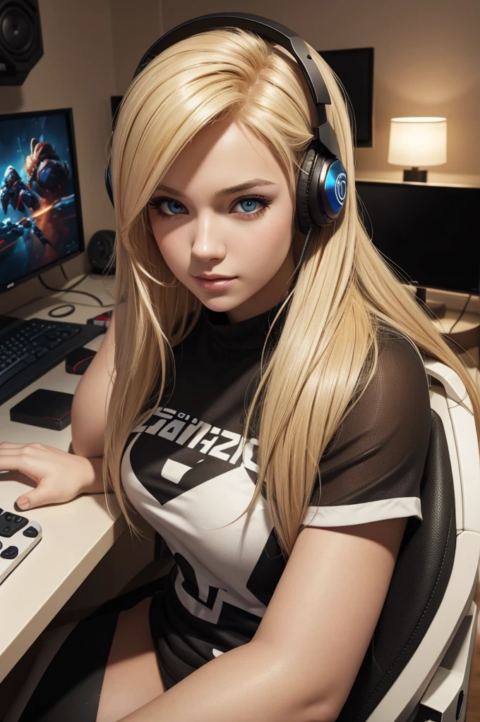 beautiful blonde woman, 24 years old, playing videogames like a streamer, wearing headphones, gamer girl room in background, 1girl, extremely detailed face and eyes, beautiful detailed lips, longeyelashes, video game setup, gaming chair, RGB lighting, posters, gaming peripherals, photorealistic, 8k, (best quality:1.2), ultra-detailed, (realistic:1.37), vivid colors, natural lighting, warm color palette