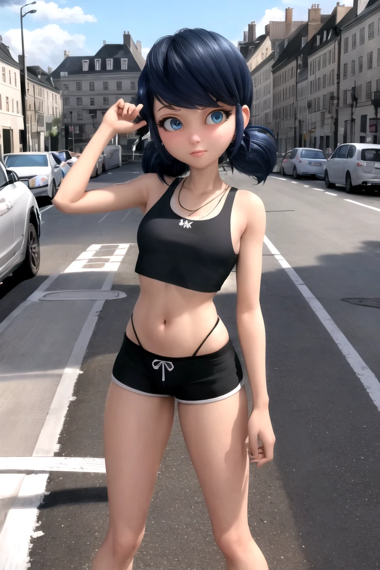 Blue eyes, Black pupil, marinett, Black sports bra, black panties, small black sports shorts 