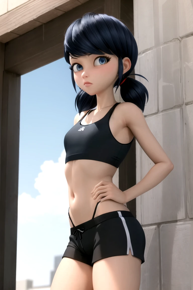 Blue eyes, Black pupil, marinett, Black sports bra, black panties, small black sports shorts