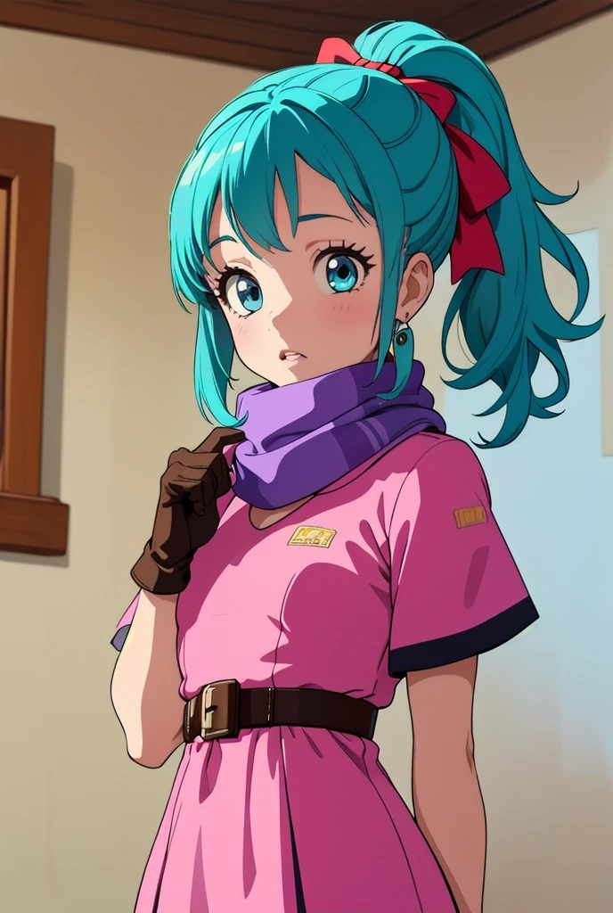 (masterpiece, best quality), 1girl, bulma, 1girl, solo, blue eyes, blue hair, aqua hair, single braid, braided ponytail, hair ribbon, red ribbon, hair bow, earrings,, short dress, pink dress, vertical-striped dress, short sleeves, belt, clothes writing, brown gloves, single glove, purple scarf,