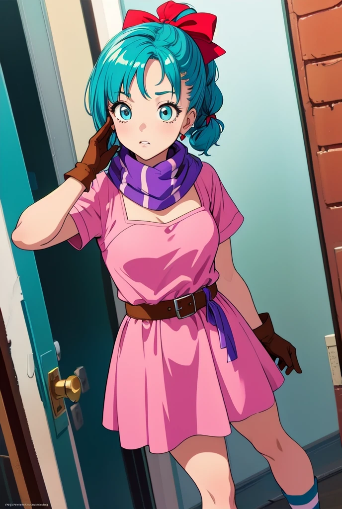 (masterpiece, best quality), 1girl, bulma, 1girl, solo, blue eyes, blue hair, aqua hair, single braid, braided ponytail, hair ribbon, red ribbon, hair bow, earrings,, short dress, pink dress, vertical-striped dress, short sleeves, belt, clothes writing, brown gloves, single glove, purple scarf,