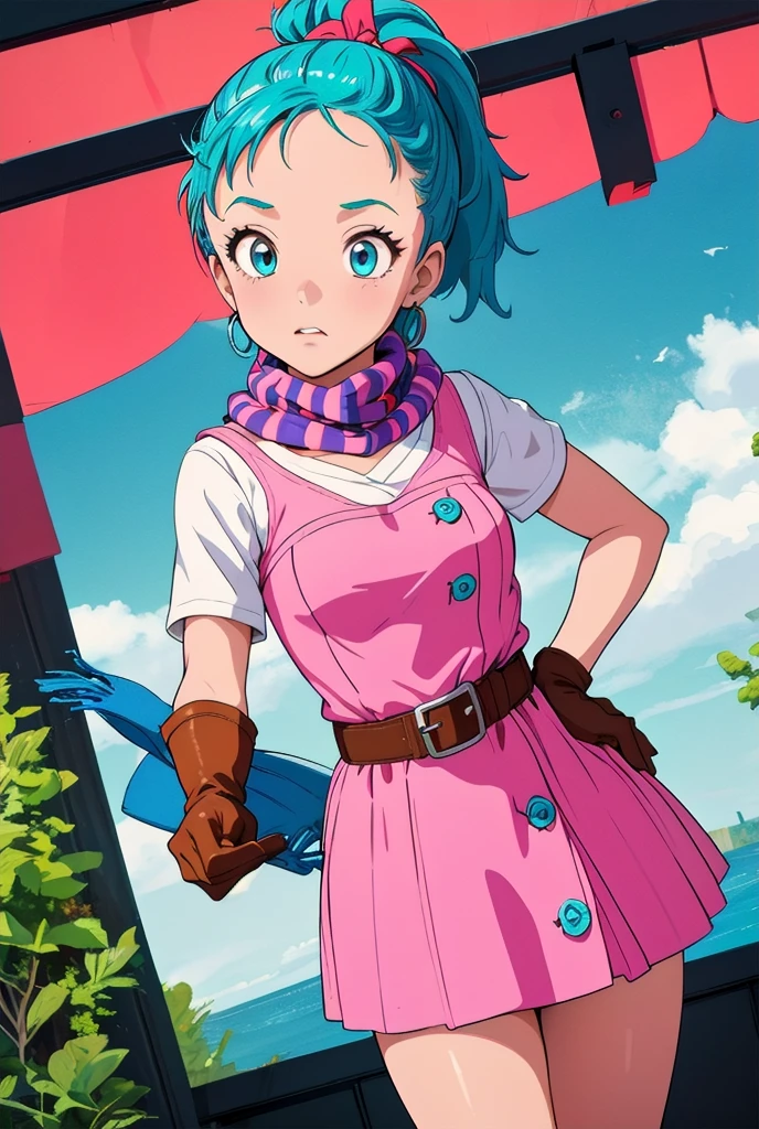 (masterpiece, best quality), 1girl, bulma, 1girl, solo, blue eyes, blue hair, aqua hair, single braid, braided ponytail, hair ribbon, red ribbon, hair bow, earrings,, short dress, pink dress, vertical-striped dress, short sleeves, belt, clothes writing, brown gloves, single glove, purple scarf,