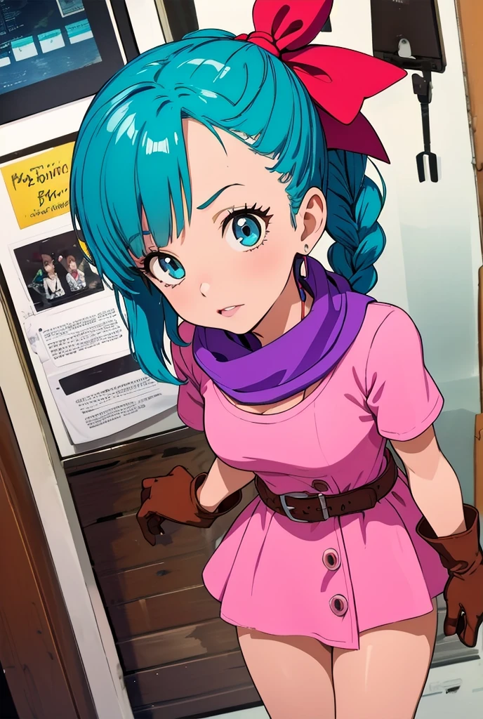 (masterpiece, best quality), 1girl, bulma, 1girl, solo, blue eyes, blue hair, aqua hair, single braid, braided ponytail, hair ribbon, red ribbon, hair bow, earrings,, short dress, pink dress, vertical-striped dress, short sleeves, belt, clothes writing, brown gloves, single glove, purple scarf,