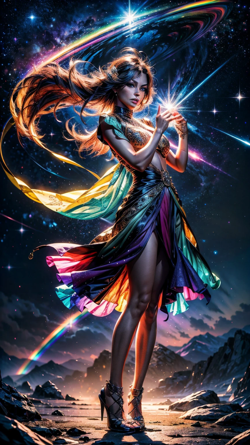 An ultra-realistic and ultra-detailed (Legendary Multicolored Psychedelic Masterpiece), ((HOLDING A GORGEOUS COLORFUL RAINBOWLUMINESCENT GALAXY IN HER HANDS)), ((full body portrait)), (Dynamic Angle), best quality, (Angled View), 1girl, She is a Gorgeous Magical Alchemist, a very noble Caucasian lady, ringed silver eyes, Calm, half closed eyes, thin body, slim waist, small breasts, (bare legs), Awesome Black Hair, a confident smile, ((HOLDING A GORGEOUS COLORFUL RAINBOWLUMINESCENT GALAXY IN HER HANDS)), Celestial Star Map, highly detailed expensive wizard's skirt, beautiful, dramatic, backlighting, night, midnight, (Multitude Of Stars), beautiful fantastic night view, (ultra-detailed, finely detailed beautiful eyes and face), high resolution, 8k UHD, perfect anatomy, perfect fingers, Highly detailed scenery, Highly detailed background, perspective, depth of field, atmospheric