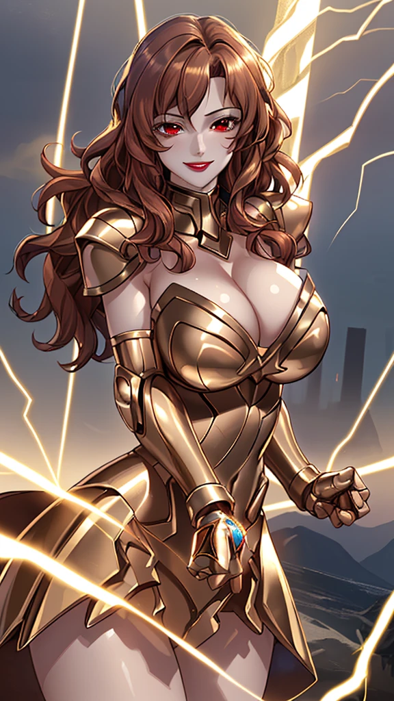 Highest image quality,Outstanding details,Ultra-high resolution,4K image, assembly, best quality, masterpiece, movie lighting ,Sexy,Huge breasts,cleavage,in combat operations,The flash of light in the hand,Golden lightning surrounds,red wavy hair,Red eyes,Lipstick,Gold Armor,Amot hardware has cracks,Smile