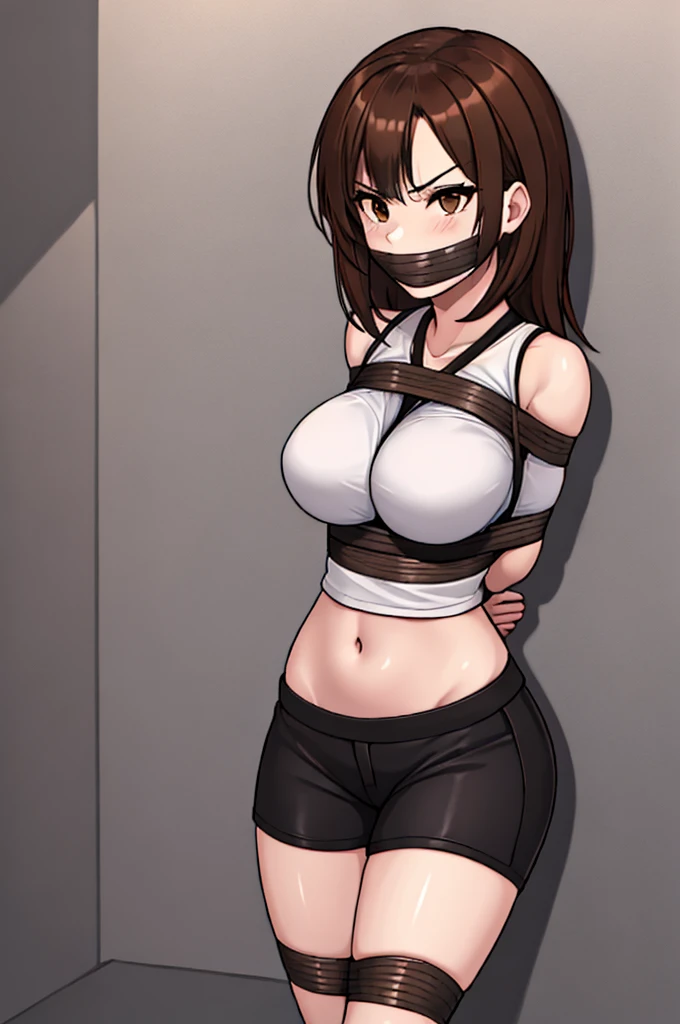 (absurdres, 8k, 4k, masterpiece, hyper extreme detailed:1.2), solo, 1girl, 1girl, solo, front view, perfect anatomy, cowboy shot, perfect face, 1girl, portrait, solo, Female, Mature Female, long hair, brown hair, white skirt, eyepatch, black eyepatch, annoyed, graphic t-shirt, swept bangs, brown eyes, brown eyes, White Shorts bound, bondage, (arms behind back:1.4), bdsm, tape gag, tape, tape bondage, restrained, taped thighs, taped legs, legs together, tape wrapped, wrap gag, t-shirt, messy hair, short, large bust, angry, large breasts, big breasts, forward view, shibari, bondage, bdsm, rope, half body, messy hair, exposed shoulders, exposed midriff, annoyed, delinquent, messy. skirt,