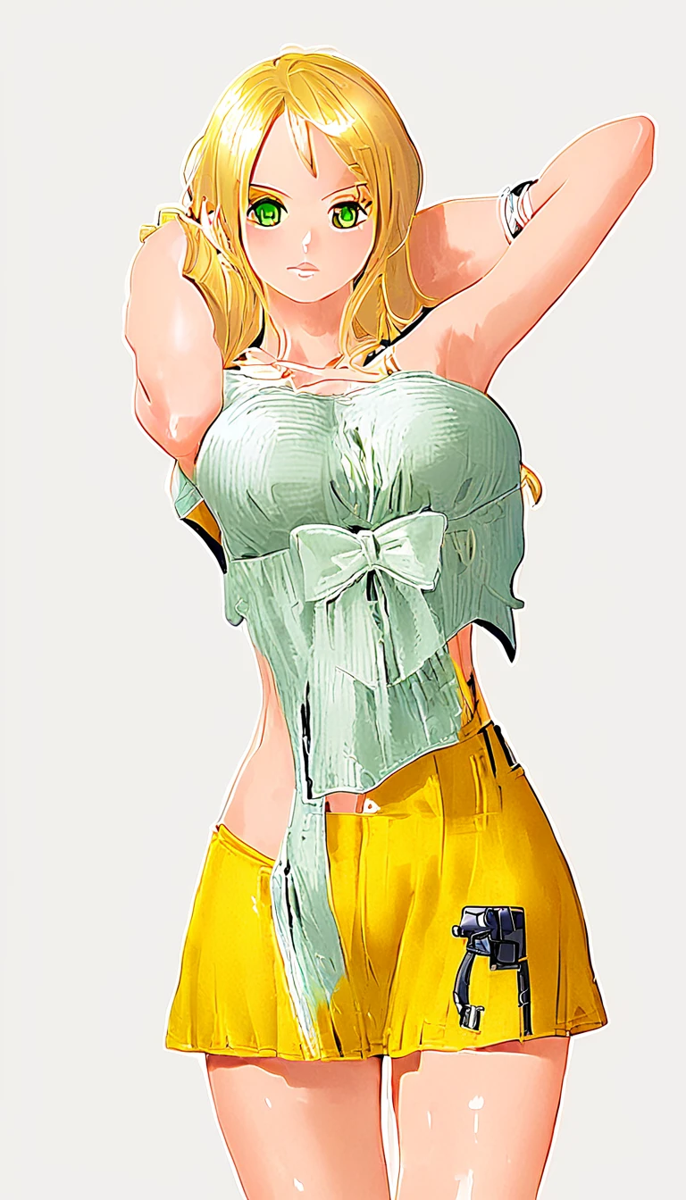 (masterpiece, Highest quality:1.2), One girl, alone,Are standing_Split, Marie Rose, blue eyes, Blonde, hair ornaments,Long Hair,Green Check Skirt, Sainan High School , , White shirt, Yellow sweater vest,No panties

