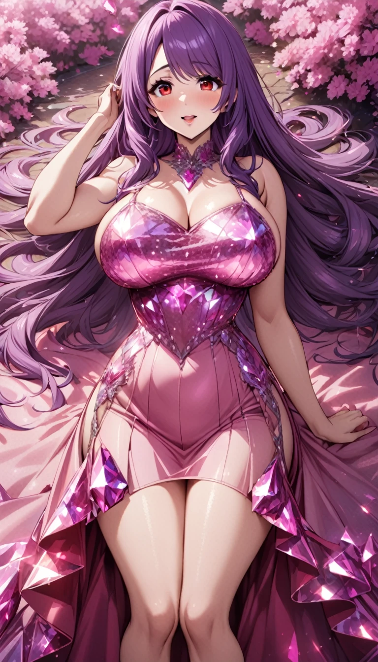 mature_1female,purple hair,long hair,swept bangs,red eyes,tareme,large breasts,pink sapphire crystalline dress