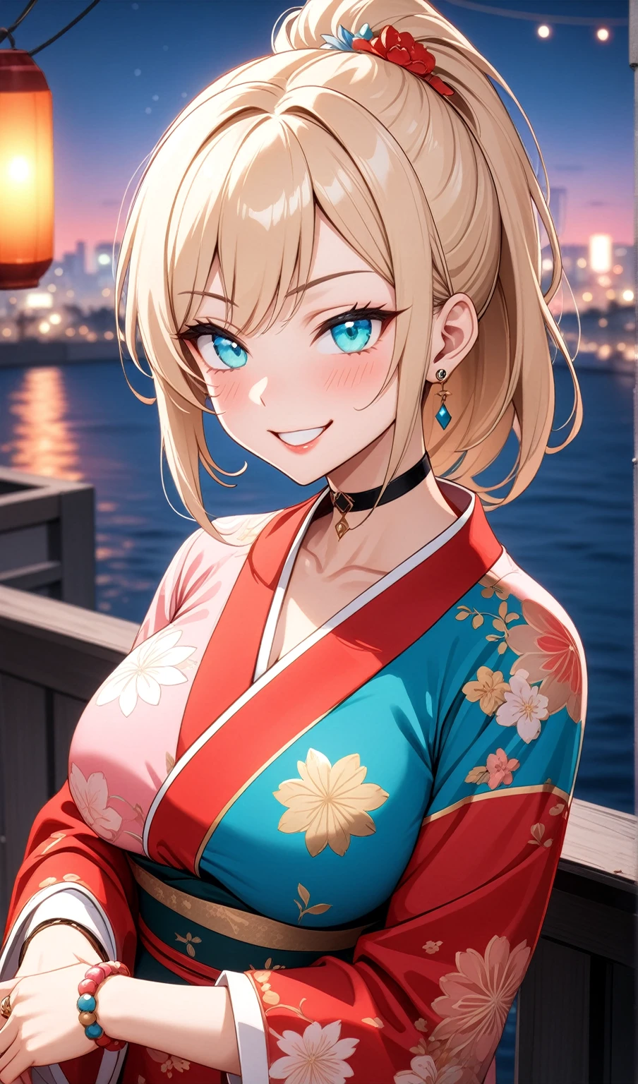 ((One personの女性)), Beautiful Face, ((smirk)),((Wink:2.2)), head tilt, Laugh with your mouth wide open,((Bright red cheeks:1.4)),Shiny red lips,night,rooftop,You can see the ocean, firework,Laughing with your mouth open,Glossy pink lips,Facial lighting,((Anime style background)),masterpiece, Highest quality, so beautiful,up to date, Complex details, (Pink long nails),(ring),(bracelet),(choker),AI-generated, Complex,High resolution, Highest quality, super high quality,3D Images、3D Images,One person,Long blonde hair,High Ponytail,(turquoise blue eyes),Anime woman posing for a photo, ((Fine grain、Colorful eyes、Shining Eyes:1.3)),(Squint your eyes:1.1),a hyperRealistic , hyperRealistic , Realistic,Anime woman with long white hair, Smooth anime CG art, A woman in a colorful kimono with gold embroidery, (Pink long sleeve kimono),Red floral pattern,Long flower hair ornament,Earrings,Mature Body,(Big Breasts:1.1),Tall,Abdominal muscles,Tight waist,(Zoom up to face:1.5),