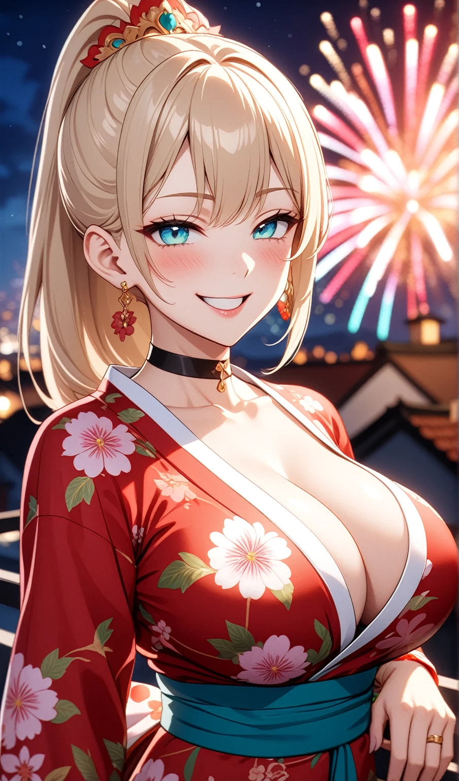 ((One personの女性)), Beautiful Face, ((smirk)),((Wink:2.2)), head tilt, Laugh with your mouth wide open,((Bright red cheeks:1.4)),Shiny red lips,night,rooftop,You can see the ocean, firework,Laughing with your mouth open,Glossy pink lips,Facial lighting,((Anime style background)),masterpiece, Highest quality, so beautiful,up to date, Complex details, (Pink long nails),(ring),(bracelet),(choker),AI-generated, Complex,High resolution, Highest quality, super high quality,3D Images、3D Images,One person,Long blonde hair,High Ponytail,(turquoise blue eyes),Anime woman posing for a photo, ((Fine grain、Colorful eyes、Shining Eyes:1.3)),(Squint your eyes:1.1),a hyperRealistic , hyperRealistic , Realistic,Anime woman with long white hair, Smooth anime CG art, A woman in a colorful kimono with gold embroidery, (Pink long sleeve kimono),Red floral pattern,Long flower hair ornament,Earrings,Mature Body,(Big Breasts:1.1),Tall,Abdominal muscles,Tight waist,(Zoom up to face:1.5),