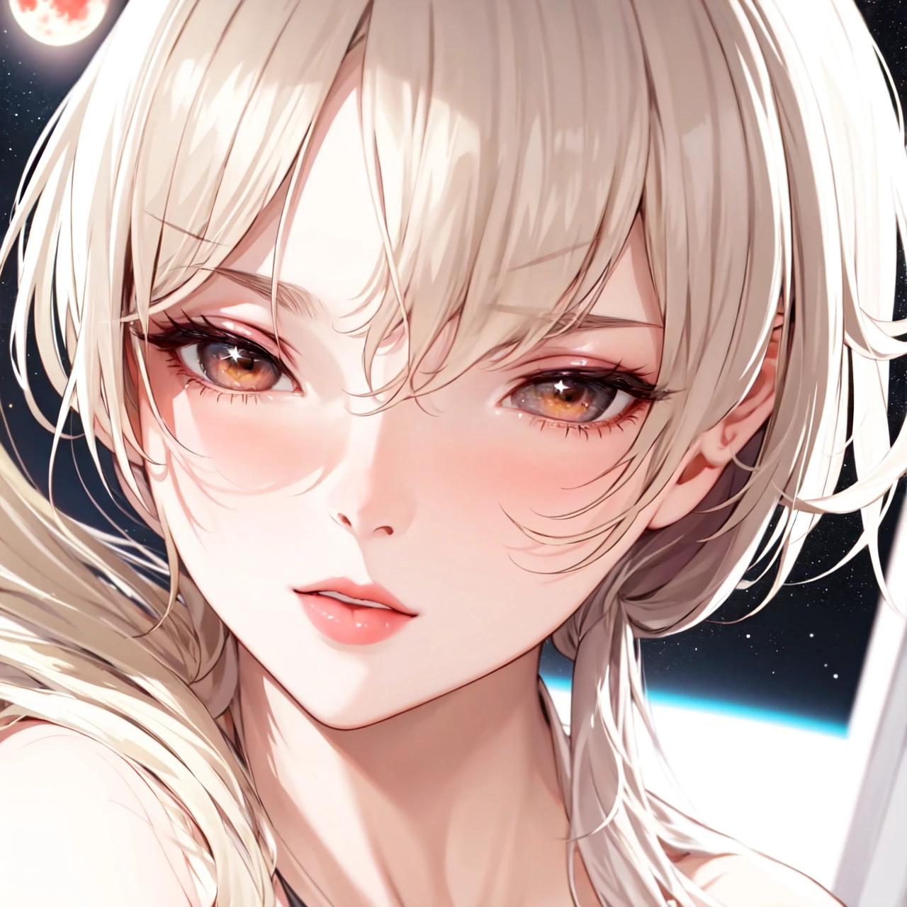 1girl, beautiful face, ((white eyes)), sexy pose, Red moon in the background, stars, space, (lightroom:1.13), soft light, (natural skin texture:1.2), (hyperrealism:1.2), sharp focus, focused,[[realistic]]