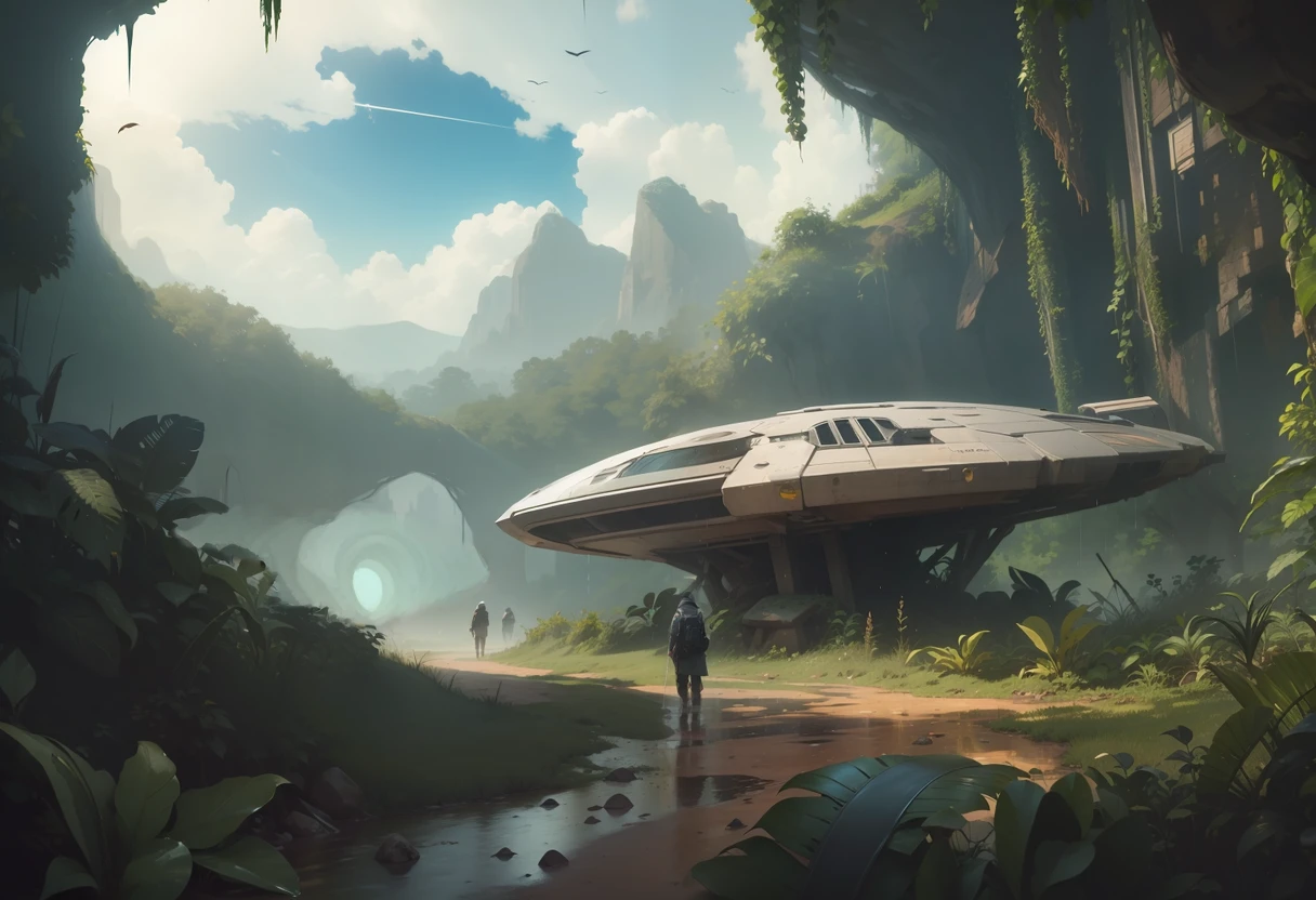 a half of a spaceship in a mountaineous jungle, mystical 8k sci-fi concept art, sci-fi digital painting, concept art wallpaper 4k, sci-fi landscape