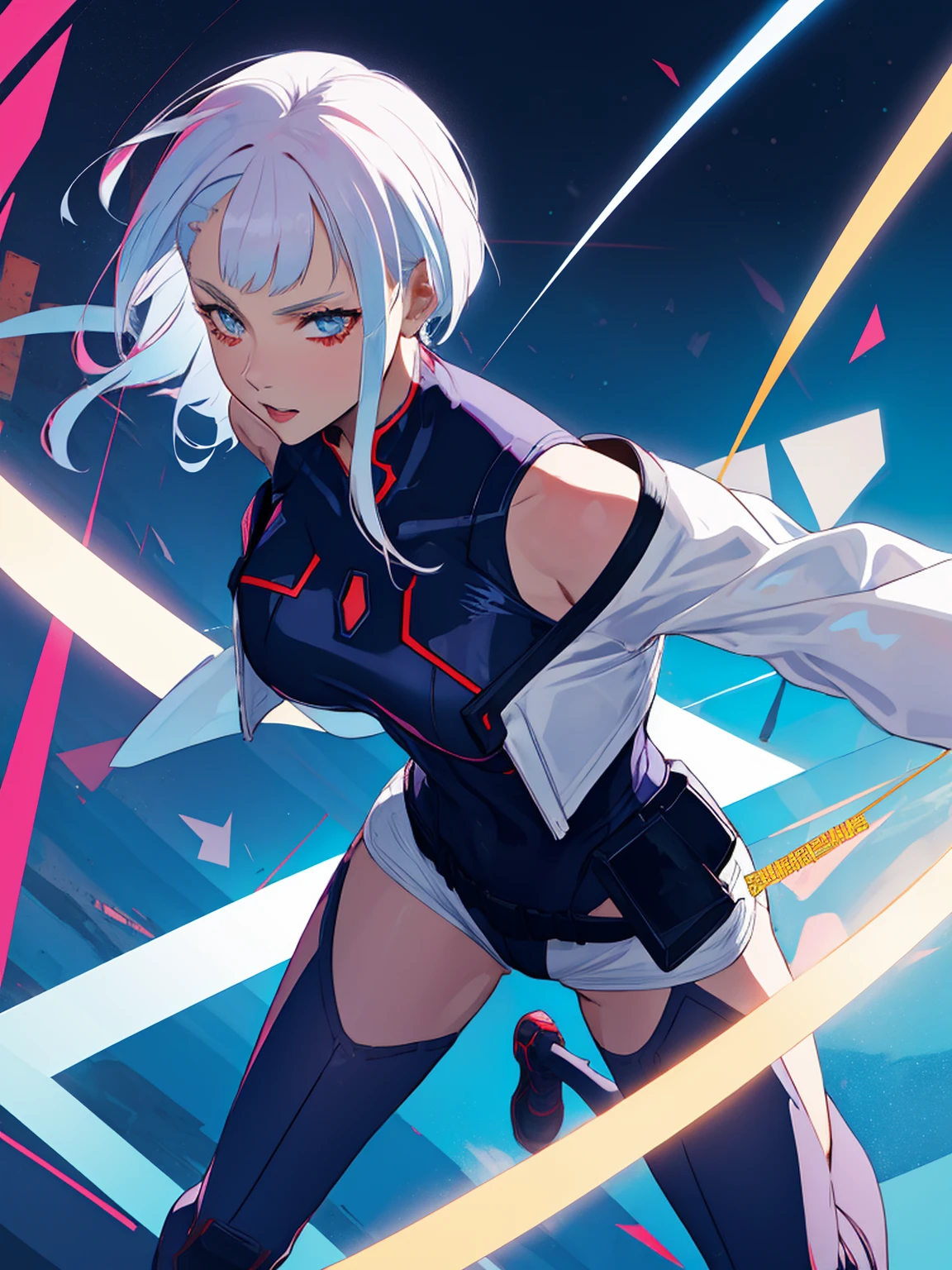 cyberpunk edgerunners, 1girl, lucy \(cyberpunk\), bare shoulders, blue eyes, breasts, leotard, looking at viewer, medium breasts, off-shoulder jacket, off shoulder, red eyeliner, short hair, sleeveless turtleneck leotard, solo, turtleneck leotard, white hair, ((masterpiece))