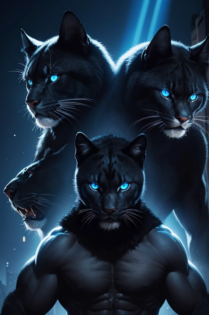 The image features two black panthers with glowing blue eyes., in a nighttime setting. Both panthers are in an imposing pose, with a fierce expression. There are rays of blue light that run through their bodies, highlighting your muscular shapes and creating an impressive visual effect. Create a shirt based on this description 