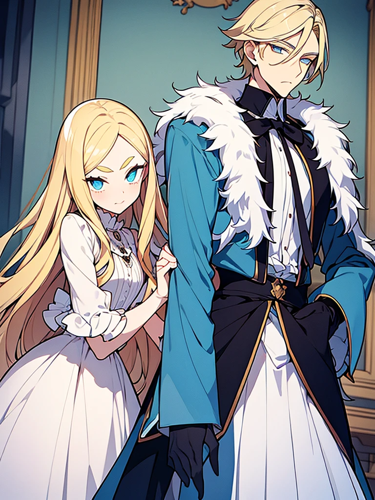 A tall man character, offwhite, vampyre,com roupas de vampyre bonito, with body postured in shape, blue color eyes, blondie hair, blonde and fluffy eyebrow. Anime2D manhwa style.