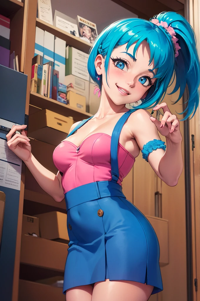 ((masterpiece,best quality)), absurdres, Bulma_DB, braided ponytail, pink dress, blue eyes, solo, smiling, looking at viewer, cowboy shot, cinematic composition,